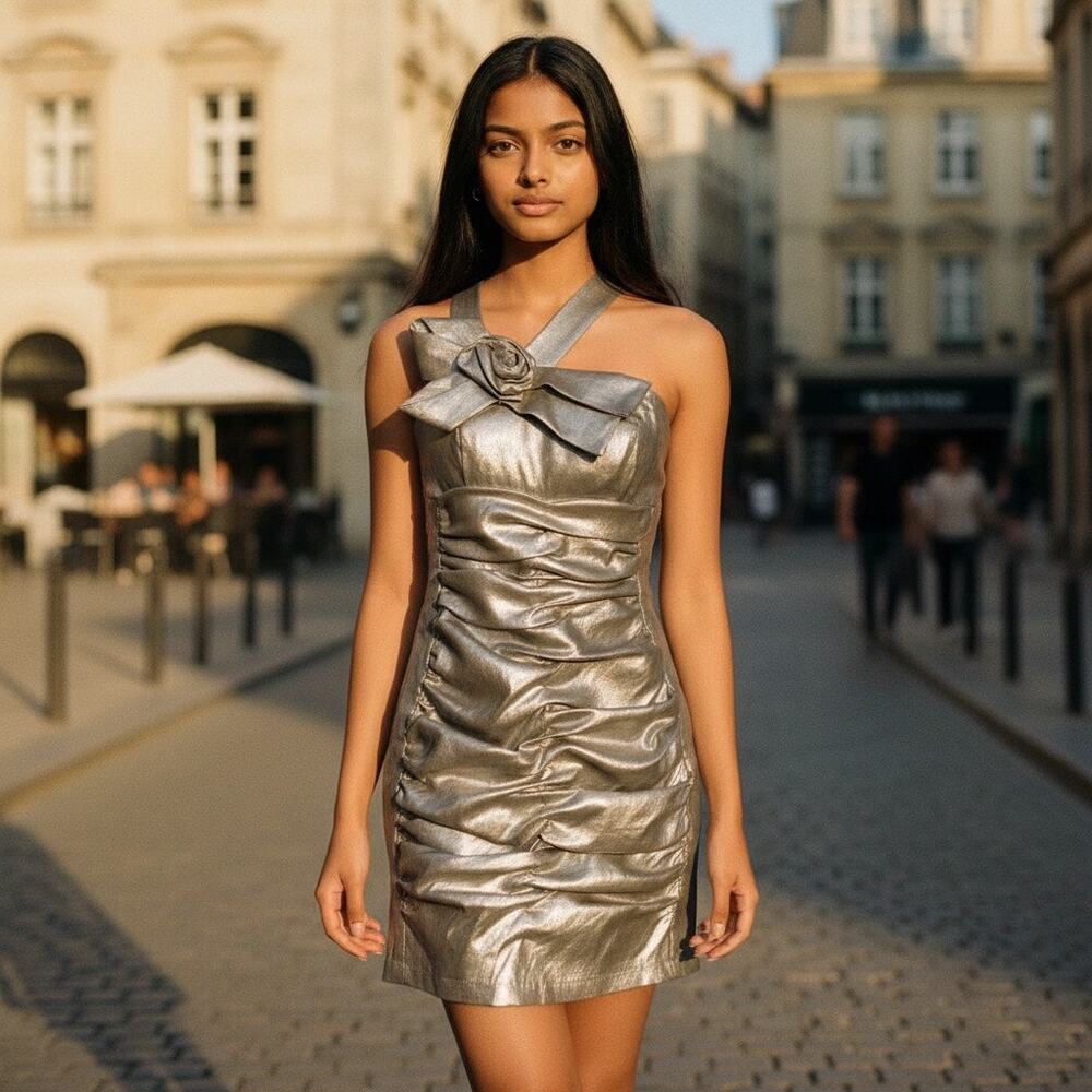 Jessica McClintock Silver Mini party dress sz 6 - Picture 3 of 9